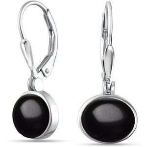 Women's Sterling Silver Drop Created Birthstone Leverback Black Earring